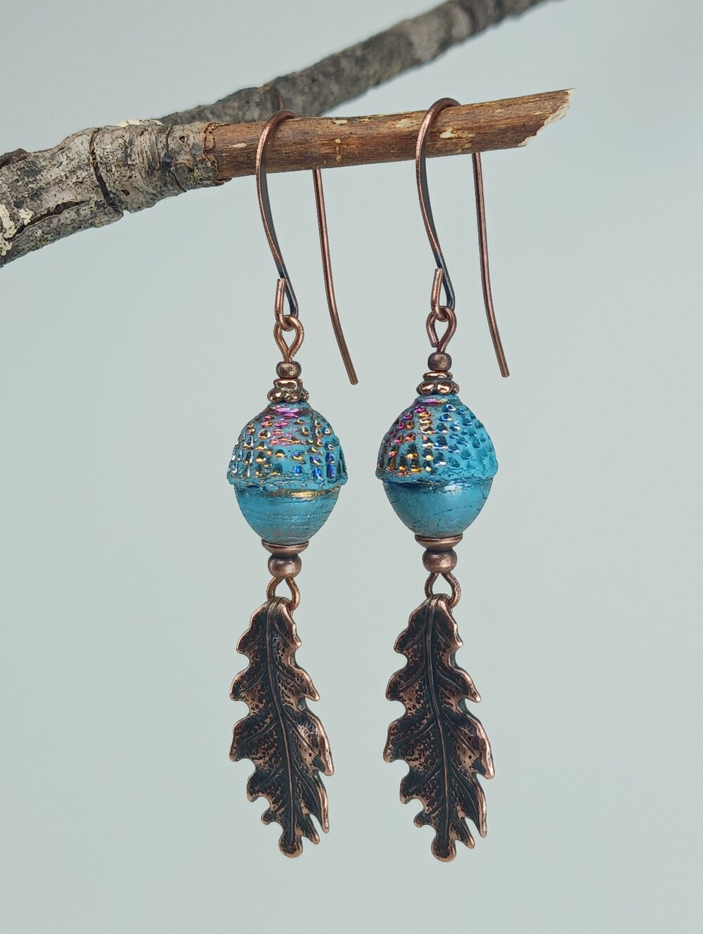 Blue Czech Glass Acorn Earrings Copper Oak Leaf Woodland Hand Crafted - Picture 4 of 7